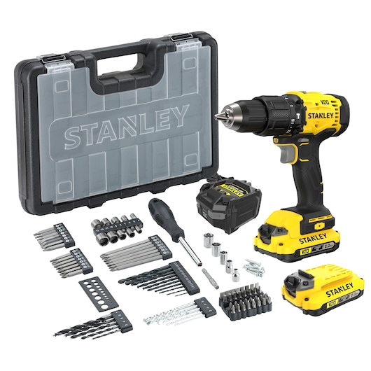 Stanley cordless drill kit with batteries, case, bits, screwdriver, sockets, and accessories.