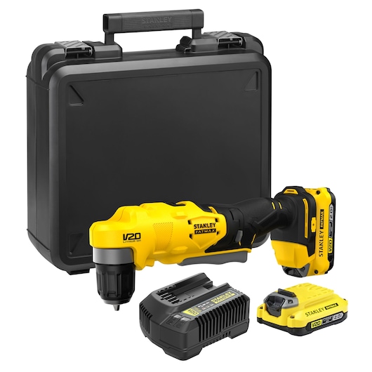 A STANLEY FATMAX V20 cordless drill kit including a yellow and black angled drill, two batteries, a charger, and a sturdy black carrying case.