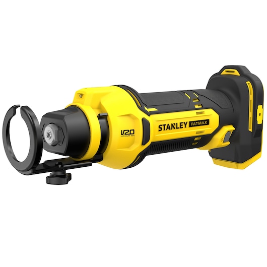 STANLEY SFMCE200B cordless yellow and black rotary tool side angle on white background.