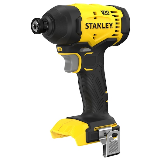 Yellow and black STANLEY V20 cordless impact driver, shown without battery, with ergonomic handle and belt clip.