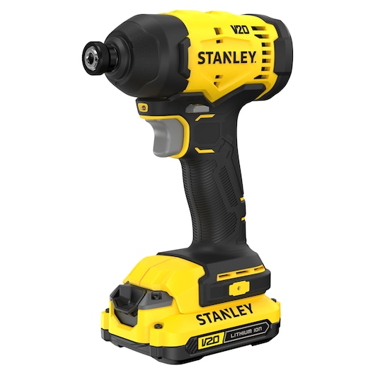 Yellow and black STANLEY V20 cordless impact driver tool with lithium-ion battery, front view.