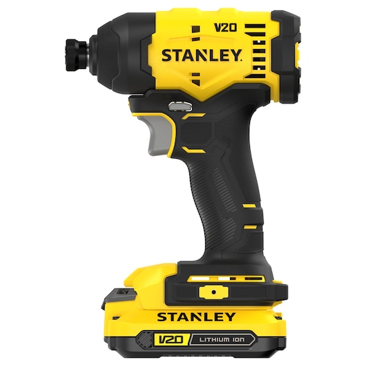 Stanley V20 cordless impact driver with black and yellow design and lithium ion battery.