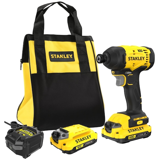 Stanley V20 cordless impact driver kit with tool bag, charger, and two lithium-ion batteries.