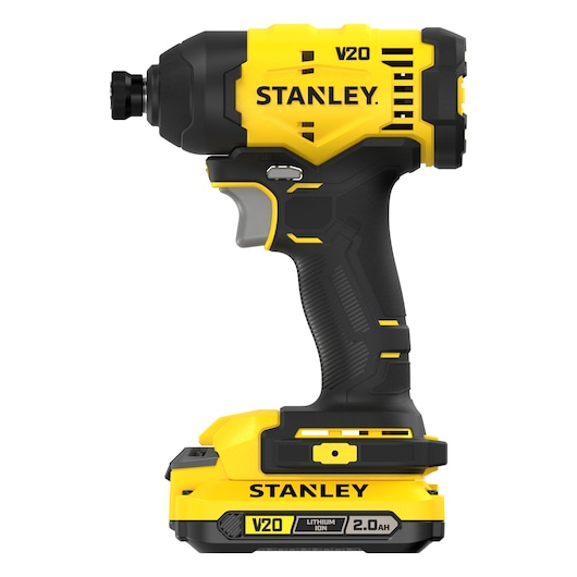 Stanley V20 cordless impact driver with 2.0Ah lithium-ion battery, yellow and black, side view.