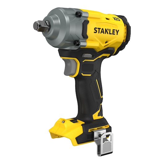 Stanley V20 cordless impact wrench in yellow and black, brushless design, belt clip attached, battery not included.