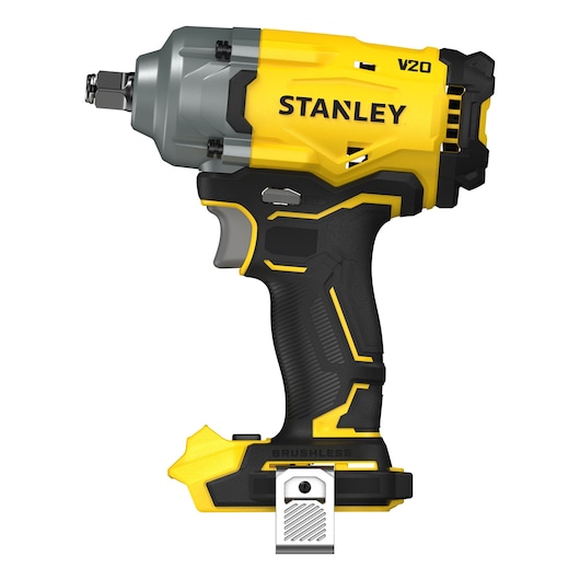Stanley V20 cordless impact wrench with brushless motor in yellow and black. Battery not attached.