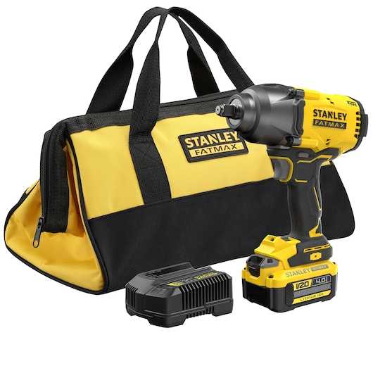 A STANLEY FATMAX V20 cordless impact wrench kit, including a yellow and black impact wrench, a matching battery charger, a rechargeable battery, and a yellow and black soft tool bag with handles.