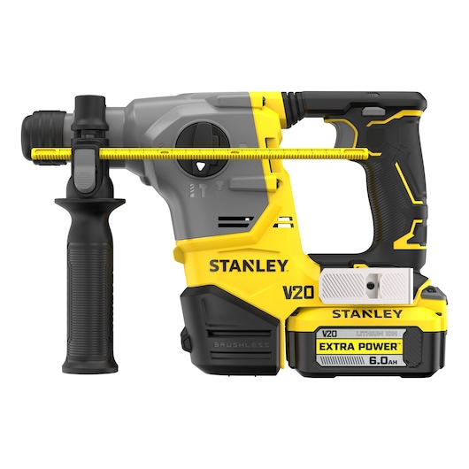 Stanley V20 cordless rotary hammer drill with auxiliary handle and 6.0Ah lithium-ion battery, yellow and black design.
