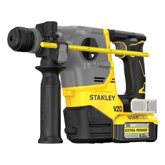 Stanley V20 cordless rotary hammer drill, yellow and black, with a 6.0Ah battery, brushless, ergonomic handle.
