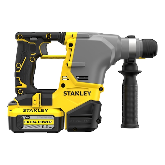 Stanley V20 cordless rotary hammer drill with side handle and 6.0Ah battery, yellow and black design.