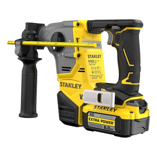 Stanley cordless rotary hammer drill with V20 6.0Ah battery and side handle. Yellow and black tool for drilling.