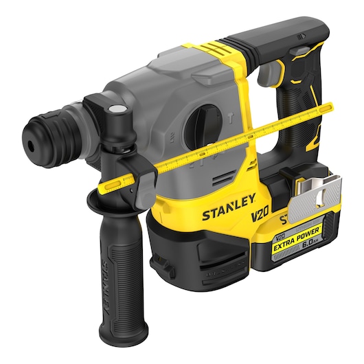 Stanley V20 cordless rotary hammer drill with battery, side handle, and depth gauge for construction or photography use.