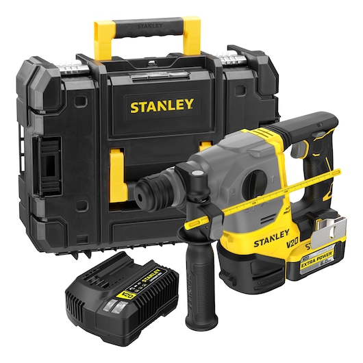 Stanley cordless rotary hammer drill set with battery, charger, and carrying case in black and yellow.