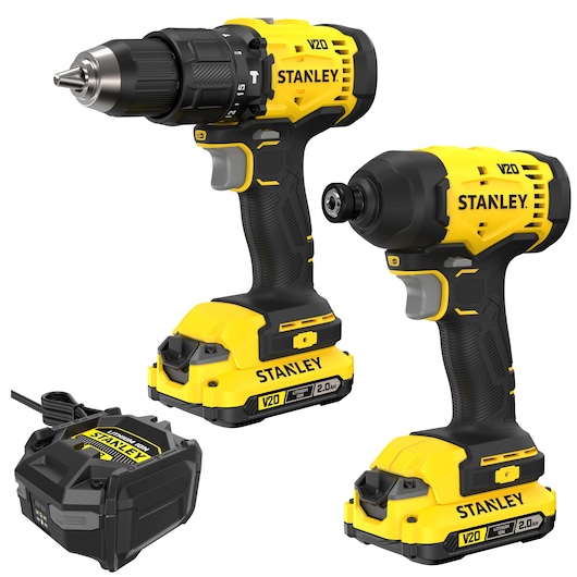 Stanley V20 cordless drill and impact driver kit with two batteries and charger, in yellow and black.
