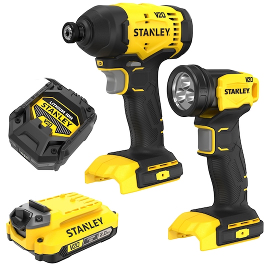 Stanley V20 cordless impact driver and flashlight with two lithium-ion batteries, shown in yellow and black.
