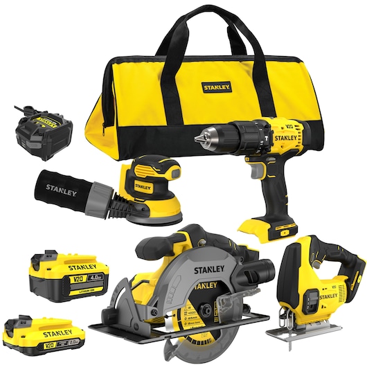 Stanley V20 power tool kit with drill, saw, sander, batteries, charger and tool bag in yellow and black.