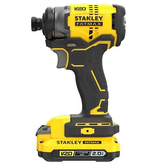 STANLEY SFMCK461D2S yellow and black cordless impact driver, side angle, FATMAX V20 series.