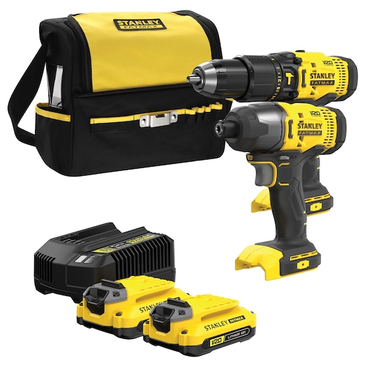 Stanley tool kit with two cordless drills, charger, two batteries, and a black and yellow carrying bag.