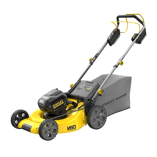 STANLEY SFMCMS2653B lawn mower, side angle, yellow and black body, rear grass bag, V60 battery visible.