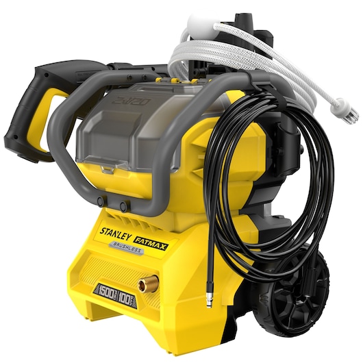 STANLEY SFMCPW1500B portable yellow pressure washer, brushless, front angle with coiled hose and handle.