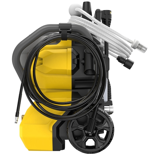 STANLEY SFMCPW1500B pressure washer side view with yellow housing, black hose, large wheels, and white accessory hose.