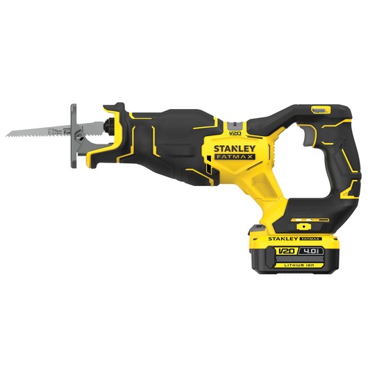 STANLEY SFMCS311M1T cordless reciprocating saw, yellow and black, side view on white background.