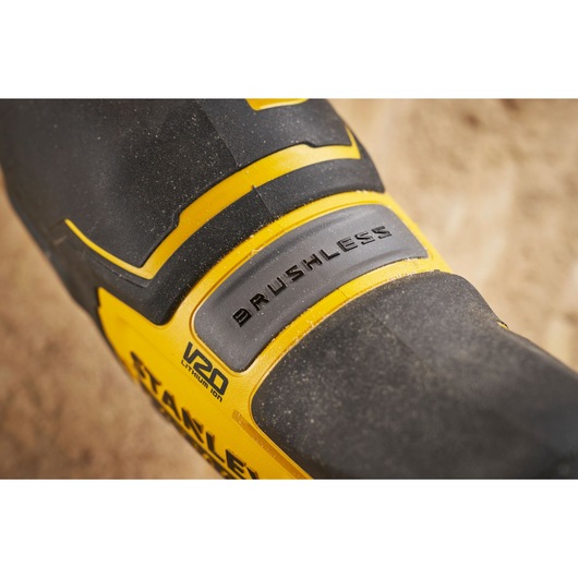 Photo of STANLEY SFMCS311M1T brushless V20 tool handle, close-up showing black and yellow design.