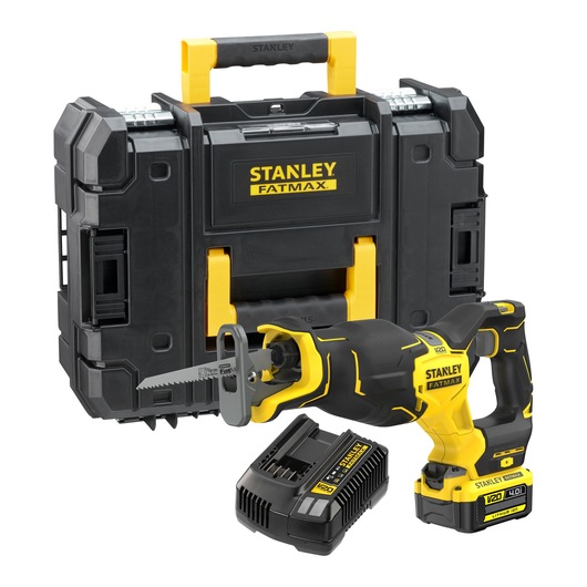 STANLEY SFMCS311M1T cordless reciprocating saw kit with case, charger and battery, front angle photo.
