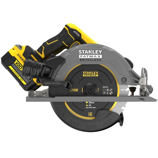 STANLEY SFMCS551M1T cordless circular saw, side view, black and yellow, with brushless motor and V20 battery.