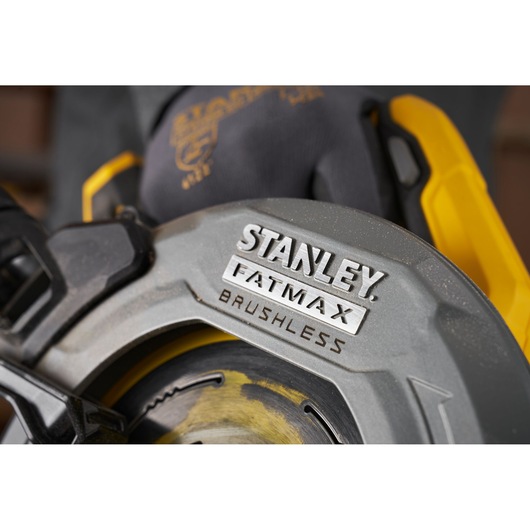 STANLEY SFMCS551M1T circular saw close-up, FATMAX brushless branding visible.