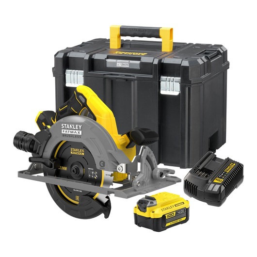 STANLEY SFMCS551M1T FatMax brushless circular saw kit with battery, charger, and toolbox, front angle.