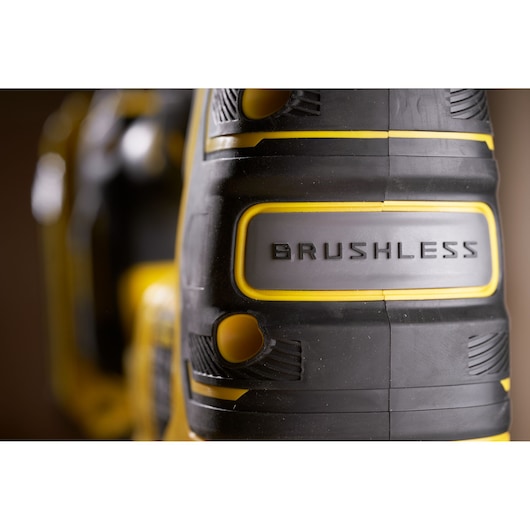 Close-up photo of STANLEY SFMCS650B 18V FATMAX V20 brushless jigsaw showing brushless label detail.