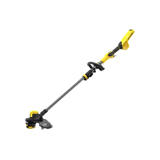 STANLEY SFMCSTB963B cordless yellow and black string trimmer, side angle on white background.