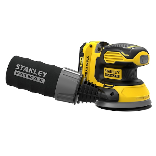 STANLEY SFMCW220D1S cordless yellow and black sander, right side angle, with dust bag attachment.