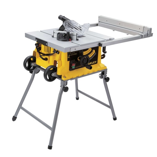 STANLEY SST1800 table saw with yellow base, metal stand, and adjustable fence, front angle on white background.
