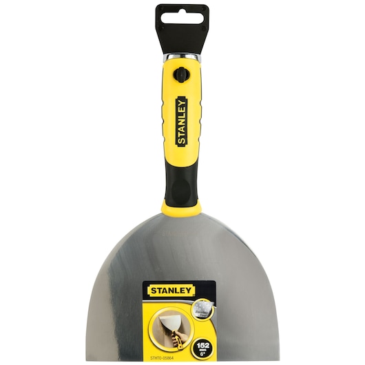 Photo of STANLEY STHT0-05864 wide putty knife with yellow and black handle, stainless steel blade, front view.