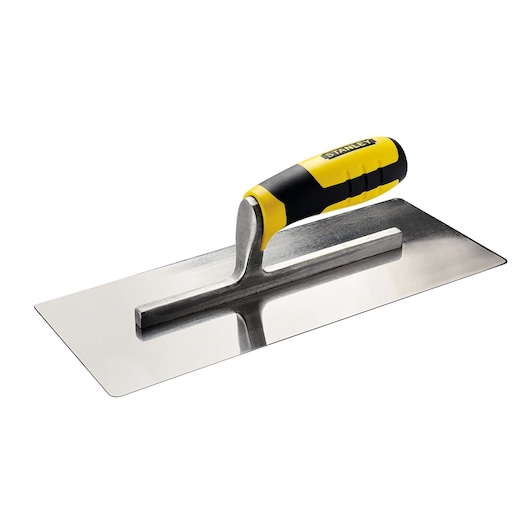 STANLEY STHT0-05899 masonry trowel, stainless steel blade, black and yellow ergonomic handle, angled view.