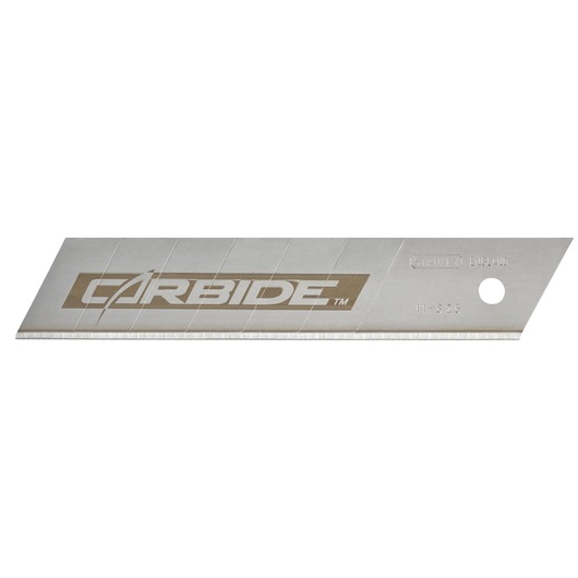 Photo of STANLEY STHT0-11825 snap-off utility knife blade, silver with carbide logo, side view on white background.