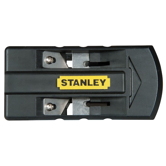 STANLEY STHT0-16139 black dual-blade pencil sharpener, top view, with yellow STANLEY logo, white background.
