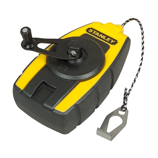 Stanley chalk reel STHT0-47147, yellow and black, front angle on white background, tool category.