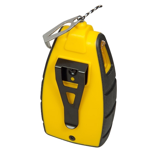 Yellow Stanley chalk line reel tool with black clip and attached metal hook.