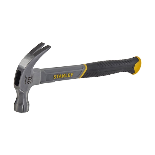 STANLEY STHT0-51310 claw hammer with black and yellow grip, side view on white background.