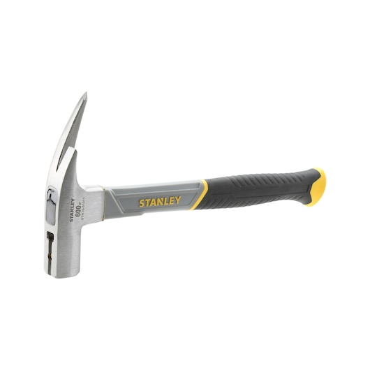 Photo of STANLEY STHT0-51311 claw hammer with grey and black handle, side angle on white background.