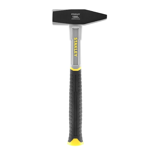 Stanley STHT0-51910 hammer with black and yellow handle, front view, on white background.
