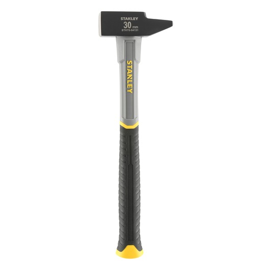 Photo of STANLEY STHT0-54131 30mm black and grey hammer with yellow accents, front angle, white background.