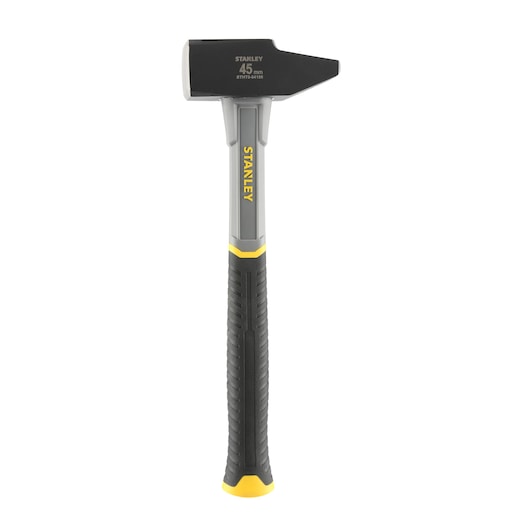 Stanley STHT0-54156 black and grey sledge hammer, front angle, yellow accents, textured handle.