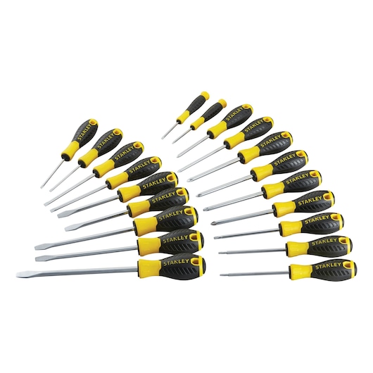 Stanley STHT0-60213 screwdriver set with yellow and black handles, white background, photography front angle.