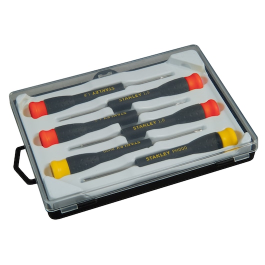 Stanley precision screwdriver set with four tools in a transparent plastic case.
