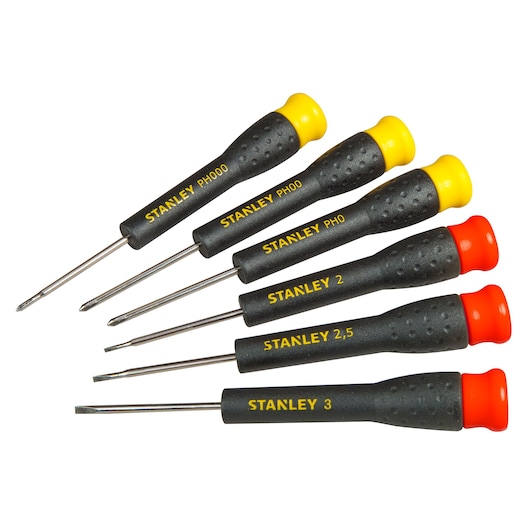 Stanley precision screwdriver set with black handles and colored tips, six different sizes.