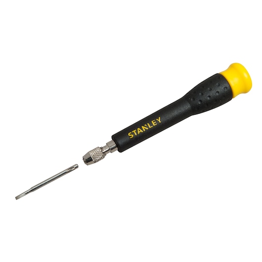 Stanley precision screwdriver with black and yellow handle and detachable flat-head bit.